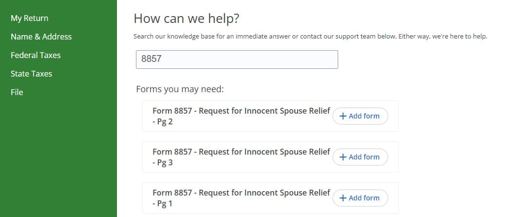 Form 8857 - Innocent - eFile Screenshot